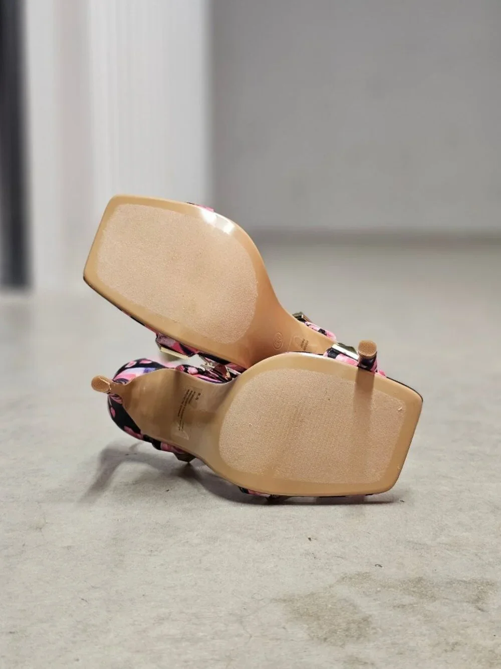 Pink & Gold Studded High Heel Sandals With Floral Pattern Open Toe Stiletto Heel - Picture 6 of 13